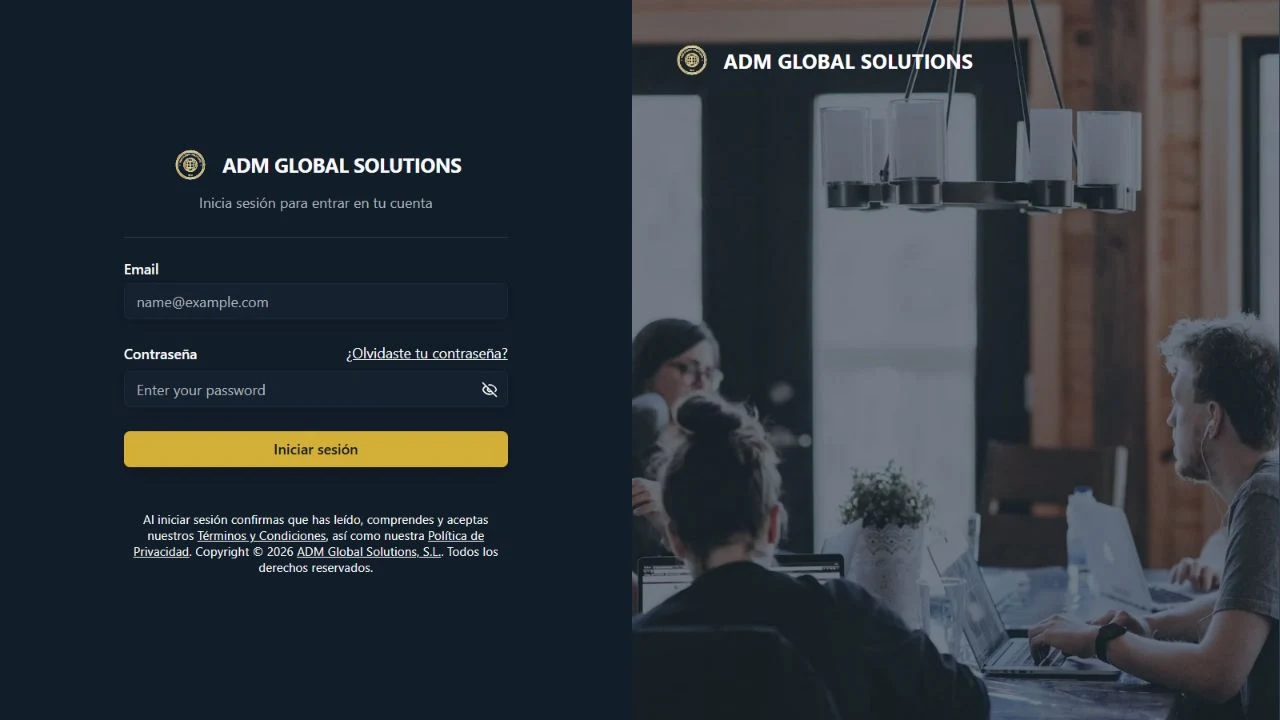 Pantalla de acceso de la aplicación de ADM Global Solutions.