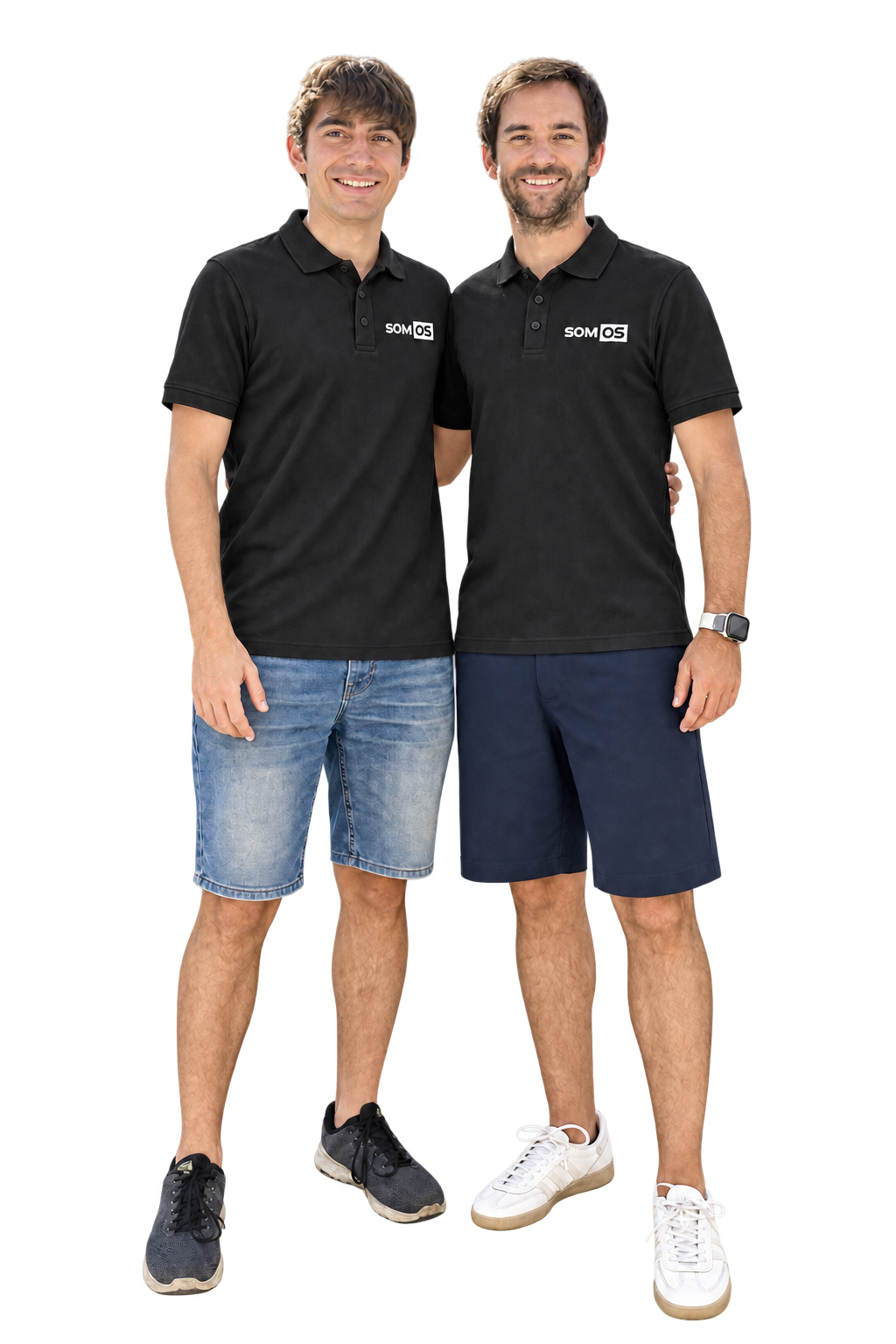 Adrián Colom Palacios y Joan Toni Ramon, fundadores de SOM-OS, juntos con los polos de la empresa.